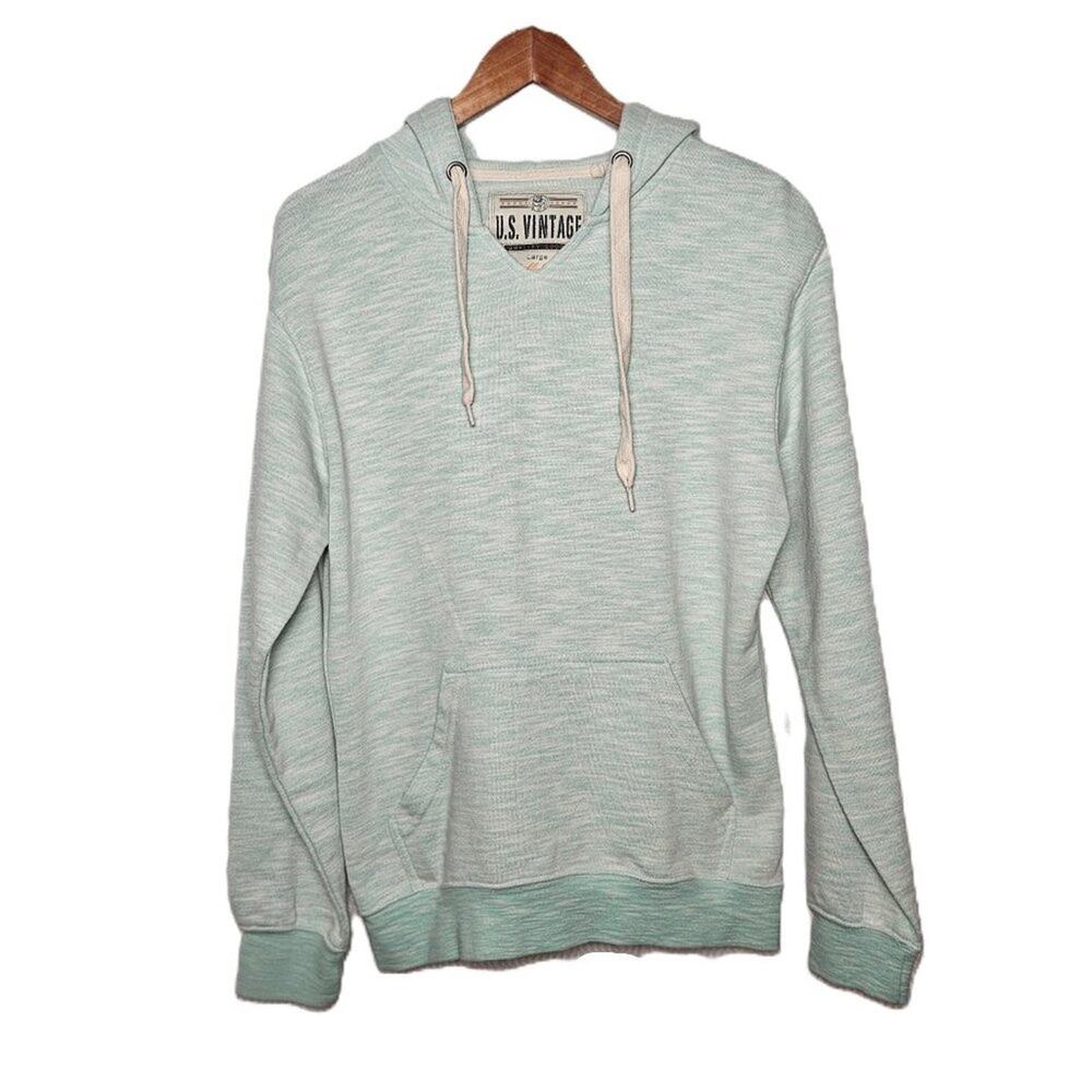 US Vintage Women's Large Pastel Green Long-sleeve Hooded Pullover Sweatshirt Top